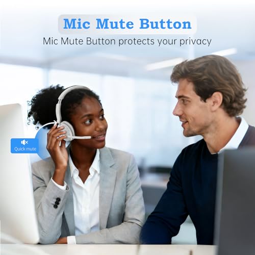 Bluetooth Wireless Headset with Mic for Work, Advanced Noise Reduction Microphone, Clear Calls - Comfortable On-Ear Headphones, Bluetooth 5.3, Applicable to Laptop, PC, Zoom, Office(White) - color: White