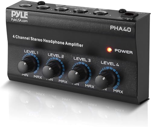 Pyle 4 Channel Headphone Amplifier - Compact Headphone Amp with 4 Outputs and Individual Volume Control, Ideal for Studio, Podcast and DJ, Includes Power Supply