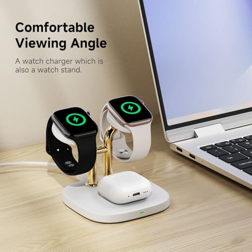 3 in 1 Dual Watch Wireless Charger Stand for Apple Watch Ultra/11 & AirPods | Dual magnetic watch charging, 5W Fast watch charge, Ergonomic design, Chrome plated plastic stand, Multi safety guard, 704A - color: White & Gold
