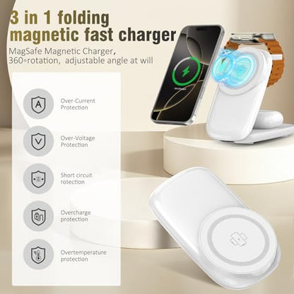 Foldable Wireless Charger, Fast Max Charging for iPhone 16/15/14/13/12 Pro Max, 3 in 1 Charging Station for Apple Watch 10－3 & AirPods Pro/4/3（White - color: white