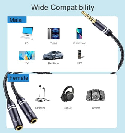 2 PCS 3.5mm Headphone Splitter, 36cm/14 inch Hi-Fi Sounds Extension Cable Audio Stereo Y Splitters, 3.5 mm Male to 2 Female (TRRS - 4 Pole), Nylon-Braided Aux Cable Compatible with PS4, Switch & More - style: 2 Pack Y Headphone Splitter