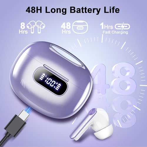 Wireless Earbuds, 2025 New Bluetooth 5.3 Headphones with LED Power Display, HiFi Stereo Deep Bass 48H Playtime 4 ENC Noise Cancelling Mic, in Ear Earphones IP7 Waterproof for Sport Walk - color: Silent Purple