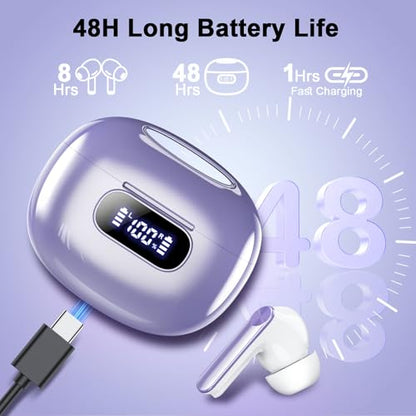 Wireless Earbuds, 2025 New Bluetooth 5.3 Headphones with LED Power Display, HiFi Stereo Deep Bass 48H Playtime 4 ENC Noise Cancelling Mic, in Ear Earphones IP7 Waterproof for Sport Walk - color: Silent Purple