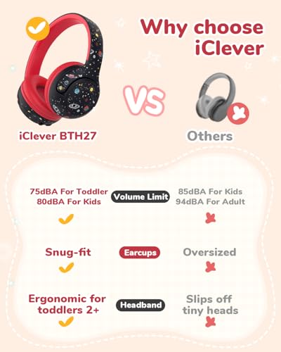 iClever BTH27 Toddler Headphones for 2+ Year Old Baby Kids Travel Study | SafeSound Tech3.0, 74H Playtime, Bluetooth 5.4, BPA Free, Aux, Soft Baby Headphones, Easy Operation, Adjustable, Black - color: Black