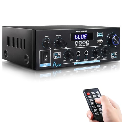 AK55 Stereo Amplifier Home Audio, Bluetooth 5.0 Max 600W Power Stereo Receivers 2.0 Channel Audio Amplifier for Speaker W/Remote Control/AUX/RCA/Echo/USB/2 MIC in for Home Party, Karaoke - size: AK55