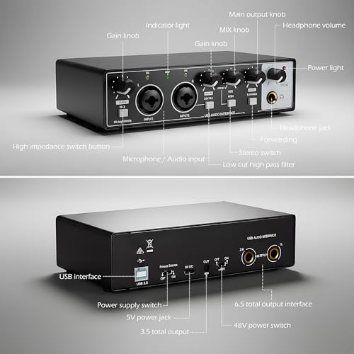 USB Audio Interface for PC Recording, 24-bit/192kHz Computer Audio Interface for Recording Music, 48V Phantom Power Music Recording Studio Equipment, for Home Studio Guitar Podcast Streaming