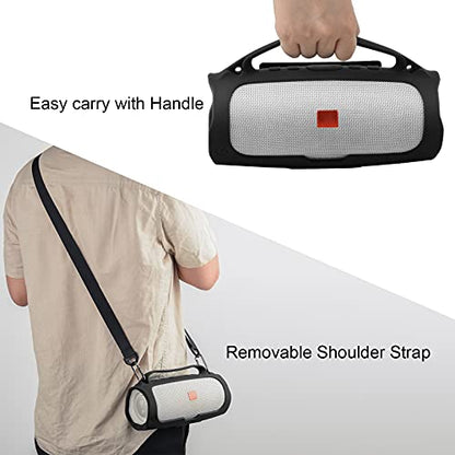 Silicone Case for JBL Charge 4 Portable Waterproof Speaker, Travel Carrying Case Protective Pouch Cover with Handle Adjustable Shoulder Strap and Phone Holder Stand (Black) - color: Black