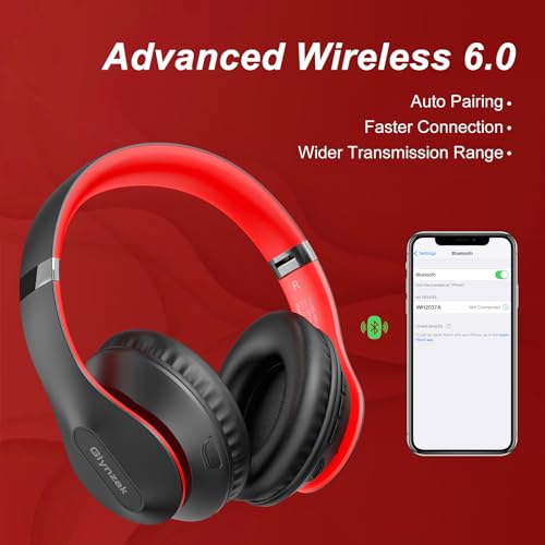 Wireless Bluetooth Headphones Over Ear V6.0 HiFi Stereo with Mic | 65H Playtime 6EQ Modes Foldable Bluetooth Headset with Microphone for Travel Smartphone Computer Laptop Black Red - color: Black