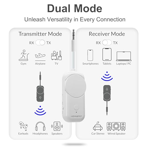 Bluetooth 5.3 Airplane Adapter, Rotary Volume, aptX Low Latency & Adaptive, 25 Hrs, Use with Any 3.5mm Jack on Airplanes, TVs, Car, Gym, Ideal for AirPods, Headphones and More, White - color: White