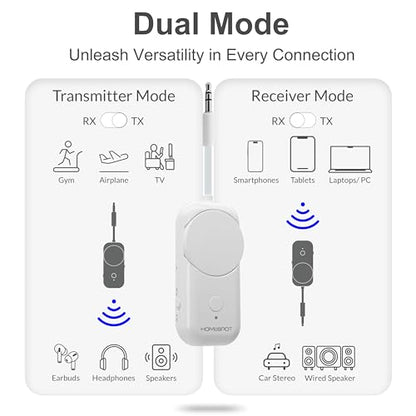 Bluetooth 5.3 Airplane Adapter, Rotary Volume, aptX Low Latency & Adaptive, 25 Hrs, Use with Any 3.5mm Jack on Airplanes, TVs, Car, Gym, Ideal for AirPods, Headphones and More, White - color: White