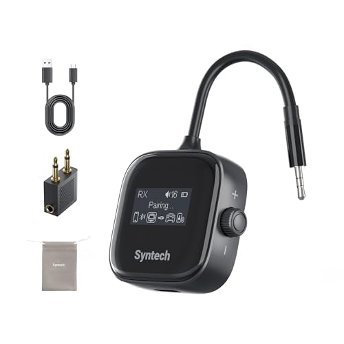 Syntech Airplane Bluetooth Transmitter 5.4 for 2 Headphones, HD Display | Bluetooth adapter with HD display, low latency, dual headphone pairing, 3.5mm AUX for planes, TV and car - color: Black