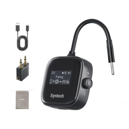 Syntech Airplane Bluetooth Transmitter 5.4 for 2 Headphones, HD Display | Bluetooth adapter with HD display, low latency, dual headphone pairing, 3.5mm AUX for planes, TV and car - color: Black