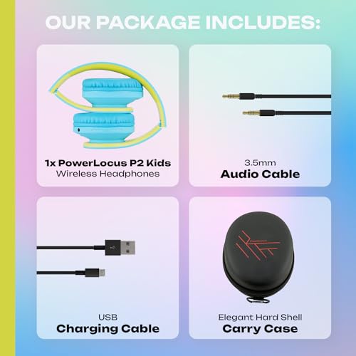 PowerLocus Kids Headphones Over-Ear, Bluetooth Wireless Headphones for Kids,with Microphone, Safe 85DB Volume Limited, Foldable with Carry Case, Audio Cable, Micro SD mode for Online Classes,PC,Phones - color: Blue/Green