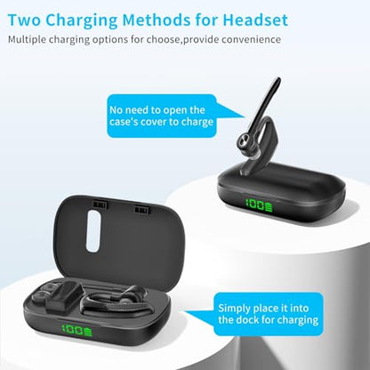 Bluetooth Headset Wireless Earpiece Single Ear Headset with Microphone | 180H Playtime 1000mAh Charging Case Wireless Charging LED Display Handsfree for iPhone Android PC Computer Trucker Drivers - color: Black