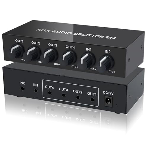 2 in 4 out 3.5mm Aux Audio Splitter Stereo Line Level Distributor Mixer with Independent Volume Control