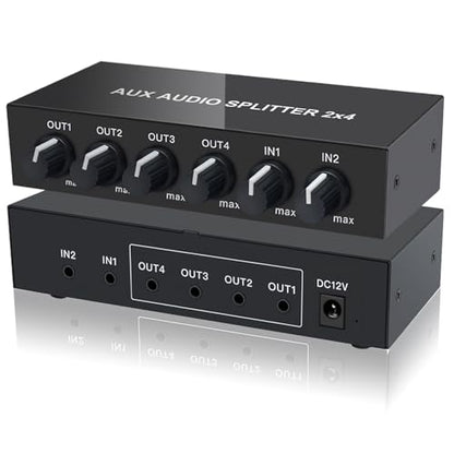 2 in 4 out 3.5mm Aux Audio Splitter Stereo Line Level Distributor Mixer with Independent Volume Control