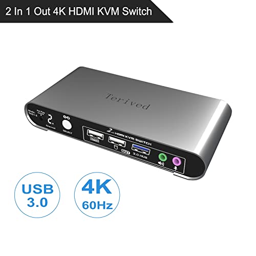 2 Port HDMI USB 3.0 KVM Switch with Aluminum Alloy Shell and Digital Display,Audio/Microphone, 4K@60Hz,hotkey,Auto EDID, HDR10 with Cables - style: 2 Computers 1 HDMI Monitor USB 3.0
