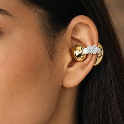 Clip-on Bluetooth Earbuds, with Handbag-Style Charging Case (Gold Earbuds + Silver Heart-Shaped Jewelry) - color: Gold earbuds + Silver heart-shaped jewelry
