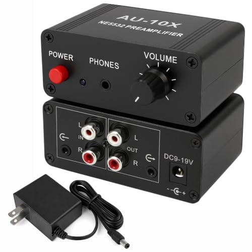 12V RCA Preamplifier, Audio Phono Preamp with Power Adapter, Mini Stereo Headphone Signal Home Amplifier, Gain 20dB for Turntable Pre amp Dual OP AMP AUX10X NE5532, RCA Input to 3.5mm Output