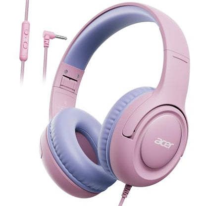 Acer Kids Headphones for School, 85-94dB Limiter, 3.5mm Jack, w/Mic HK03 | Foldable Wired Over Ear Headphones, for Toddler School/Tablet/iPad/PC/Travel, Pink-Purple - color: Pink Purple