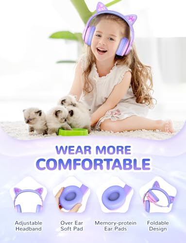iClever BTH13 Kids Bluetooth Headphones for Girls, LED Cat Ear Travel Gift | SafeSound Tech, 50H Playtime, USB C Charging, AUX Cable, Stereo Sound, Kids Headphones Wireless with Mic for Tablet PC - color: Pink Gradient