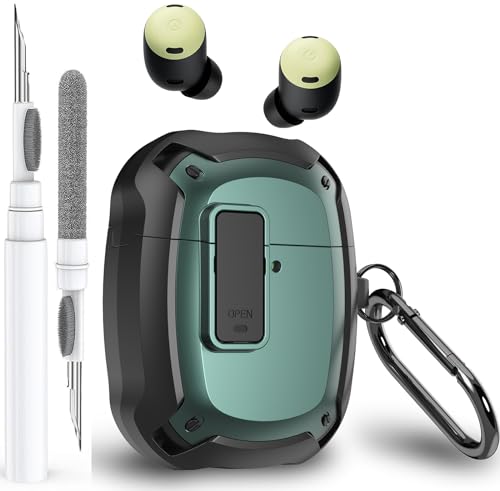 Olytop for Google Pixel Buds Pro/Pro 2 Case Cover with Lock Clip & Cleaner Pen 2022/2024, Shockproof Protective Hard Shell Skin with Carabiner Men Women - Black/Green - color: Black/Green