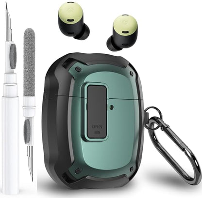 Olytop for Google Pixel Buds Pro/Pro 2 Case Cover with Lock Clip & Cleaner Pen 2022/2024, Shockproof Protective Hard Shell Skin with Carabiner Men Women - Black/Green - color: Black/Green