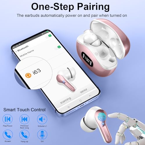 Wireless Earbuds Bluetooth Headphones, 2025 Hi-Fi Stereo Deep Bass Ear Buds, 4 ENC Noise Cancelling Mic, USB Fast Charging in-Ear Earphones, IP7 Waterproof Workout Sport for Laptop Pad Android iOS - color: Rose Gold