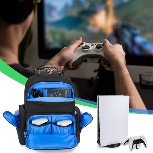 PGmoon Console Backpack Compatible with Playstation 5/PS5 Slim/PS5 Pro | Travel Carrying Case Bag with Protective Liner, Fits 15.6" Laptop, Controllers and Most Gaming Accessories (Patent Design) - color: Blue
