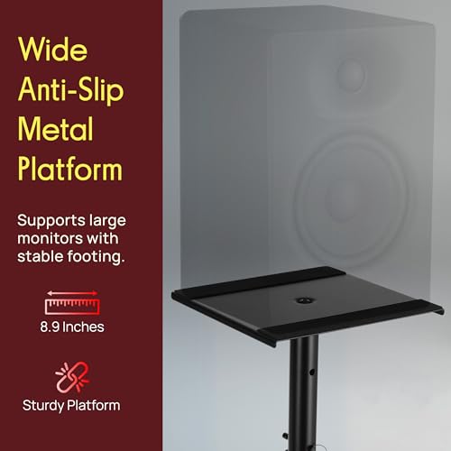 Pyle Adjustable Speaker Stand Pair – Dual Studio Monitor Tripod with Metal Base, Anti-Slip Speaker Pads, Height Adjustment from 34” to 53” – Ideal for Home, Studio, and DJ Use, 90 lbs Weight Capacity