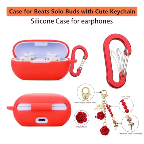 Case for Beats Solo Buds Case Cover with Flower Keychain, Cute Soft Silicone Shockproof Protective Skin Cases for Beats Solo Buds Wireless Earbuds with Carabiner for Women Girl (Purple) - color: Purple
