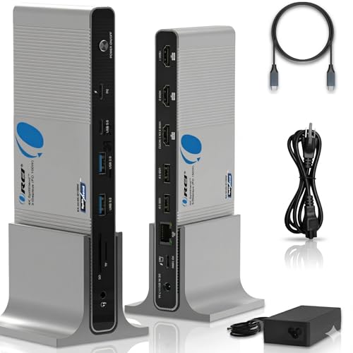 OREI DisplayLink Docking Station 3 Monitors – 3X 4K@60Hz HDMI – 6X USB (4X USB 3.0), Gigabit Ethernet, 100W PD, AUX – Triple Monitor Docking Station with Win & Mac Support | 3x 4K@60hz Multi Monitor – 6x USB, Ethernet, SD/TF, 100W PD, Audio/Mic – Laptop D