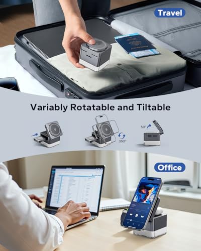 for iPhone Nightstand Charging Station, 15W 3 in 1 Wireless Phone Charger Stand with Night Lamp, Charging Dock for MagSafe, Foldable Cube, for iPhone 17/16/15/14/13/12, iWatch/AirPods, Gray - color: Gray