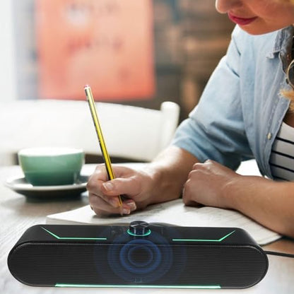 jojofuny Compact Wired Soundbar for Computer with LED Lighting and Space-Saving Design, Plastic Desktop Speaker for Home Use