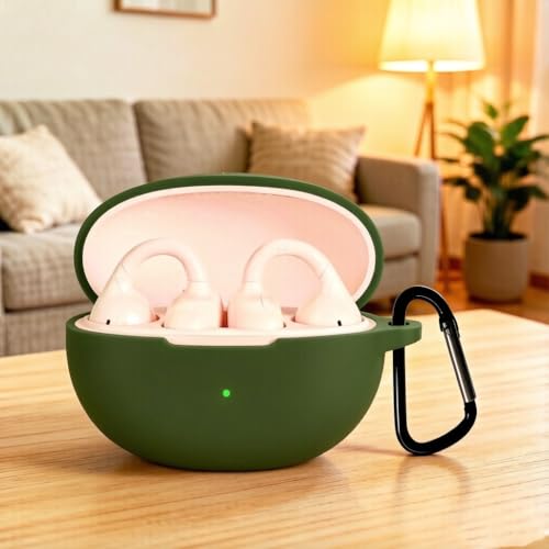 Silicone Protective Case for i121 Earbuds, Compatible with King Lucky Clip-On Open Ear Headphones, Full Cover Shockproof Anti-Scratch Case with Keychain Carabiner, Charging Port Access - color: Green