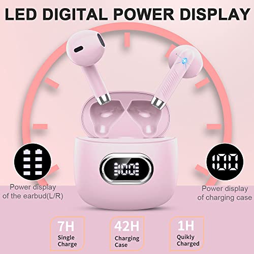 Wireless Earbuds, Bluetooth Headphones, Stereo Bass Ear Buds with ENC Noise Cancelling Mics,42H Bluetooth Earbuds with LED Display Charging Case, IP7 Waterproof Earphones for Android iOS/Light pink - color: Light pink