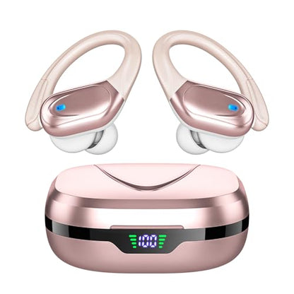 HAOYUYAN Sports Bluetooth Headphones, 80Hrs Playtime Wireless Earbuds with LED Power Display, IPX7 Waterproof Earphones for Workout/Running, Noise Canceling Headset Ear Buds - color: Pink Gold