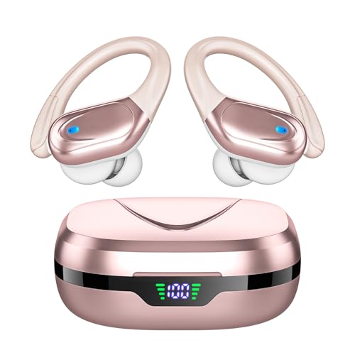 HAOYUYAN Sports Bluetooth Headphones, 80Hrs Playtime Wireless Earbuds with LED Power Display, IPX7 Waterproof Earphones for Workout/Running, Noise Canceling Headset Ear Buds - color: Pink Gold