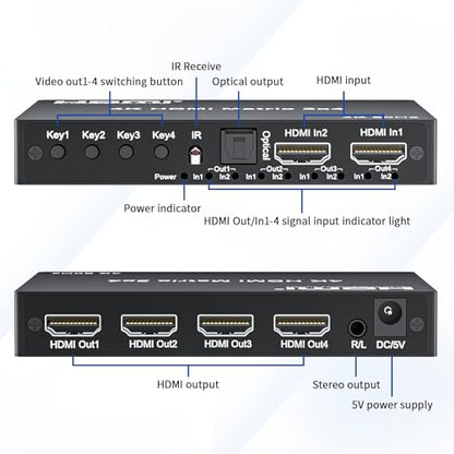 4K 2x4 HDMI Matrix Switch, 2 in 4 Out Matrix HDMI 2.0 Video Switcher Splitter, Optical & 3.5mm Audio Output, Support 4K 60Hz HDR HDCP2.2, 18Gbps, with IR Remote Control for NS PS5 Fire Stick etc - size: 4K 2X4 Matrix with EDID