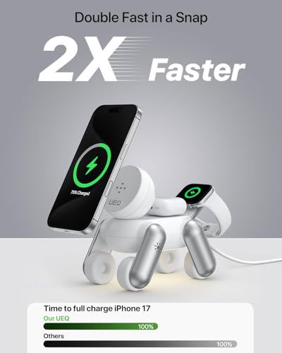 UEQ 3 in 1 Wireless Charging Station for Apple Devices,Foldable Cute Magnetic Mag-Safe Wireless Charger Stand with Night Light for iPhone 17 Air 16 15 14 13 12 Series,AirPods 4 3 2 Pro,Apple Watch - color: White