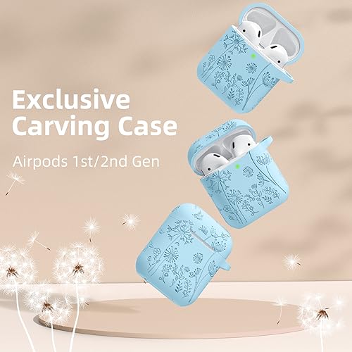 Lerobo for AirPod Case 2nd/1st Generation with Keychain | Flower Engraved Soft Silicone Cover for AirPods 2 Case, Wireless Charging, Shockproof, One-piece Design, Sky Blue - color: Sky Blue