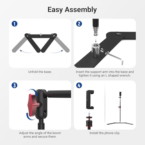 NEEWER Overhead Phone Tripod Stand with Dual Ball Head Articulating Boom Arm, Shock Absorbent Desk Phone Holder Clamp Mount with Foldable Base for Piano Cooking Drawing Sketching Live Streaming, DS026