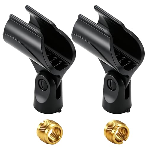 2-Pack Microphone Clip Holder，Adjustable Mic Clip with 5/8 to 3/8 Inch Screw Adapter, Universal Microphone Holder for Mic Stands and Wireless, Dynamic Mic Accessory