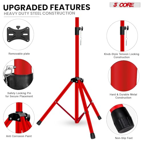 5 Core Speaker Stand Pair Universal Mount Steel Construction 132 Lb Capacity Stable Tripod w/Adjustable Height 36” w 35mm Compatible Insert Metal Safety Pin Included Bag - color: RED