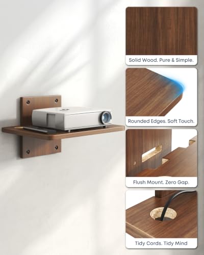 Floating TV Projector Shelf Wall Mount - 1 Tier Wooden Shelf, Walnut Brown | Home Decor, Cable Management, DVD Player, Router, Game Console, Cable Box, Play Station, Holds Up to 22lbs per Shelf - size: 1-Tier Shelf