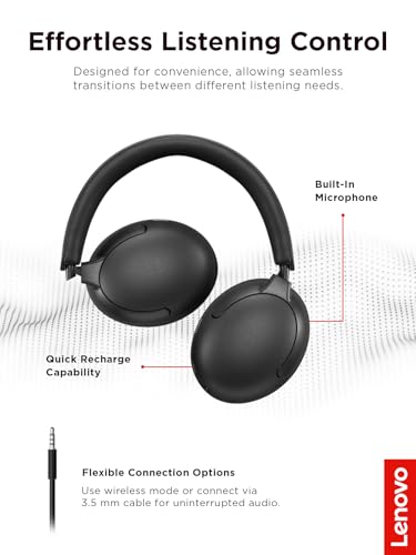 Lenovo Wireless Headphone 2000 Over Ear Bluetooth Headphones with 40 mm Drivers, Up to 110 Hours Battery Life, Wired & Wireless Use, Fast Charge, Built in Mic, Black | Wireless audio and calls with Bluetooth connectivity, closed-back design and 3.5mm cabl