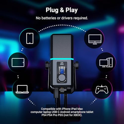 NEEWER UM02 RGB USB Microphone for Gaming Streaming Podcast, Cardioid Condenser Noise Cancellation Desk Mic for Headphone Monitoring Compatible with iPhone iPad Mac PC Android PS5/PS4 Pro/PS4