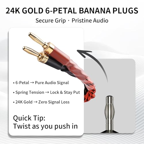 9 AWG 2-Pack Speaker Cable with 2 Banana Plugs to 4 Spades Per Cable | 99.99% OFC Core, 24K Gold-Plated Plugs, Ferrite Cores, Speaker Wire with Connectors for Amplifiers, Home Theater, 4.92ft/1.5m - size: 9.84ft/3m