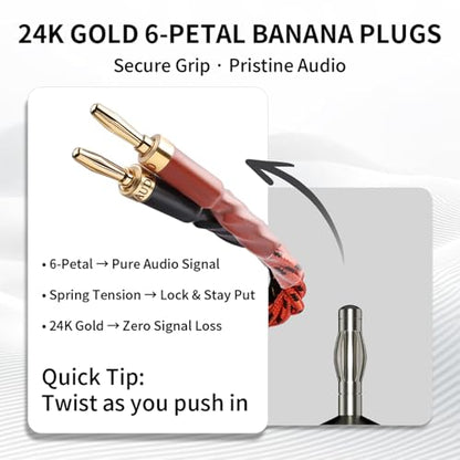 9 AWG 2-Pack Speaker Cable with 2 Banana Plugs to 4 Spades Per Cable | 99.99% OFC Core, 24K Gold-Plated Plugs, Ferrite Cores, Speaker Wire with Connectors for Amplifiers, Home Theater, 4.92ft/1.5m - size: 9.84ft/3m