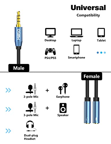 3.5mm Headphone Splitter Adapter CTIA Stereo Audio Mic Splitter | 2 TRS Female to 1 TRRS Male Headset Adapter for Dual-Plug Game Headset to Xbox, PS4, Phone, Laptop, PC - 30 cm / 12 inch - color: Sapphire Blue